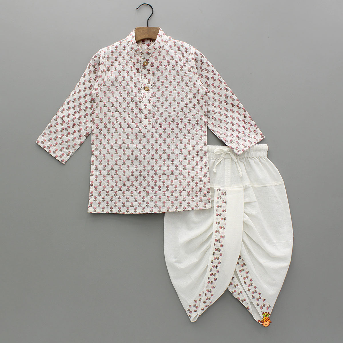 Lurex Striped Hand Block Printed Pink Ethnic Kurta With Open Jacket And Dhoti