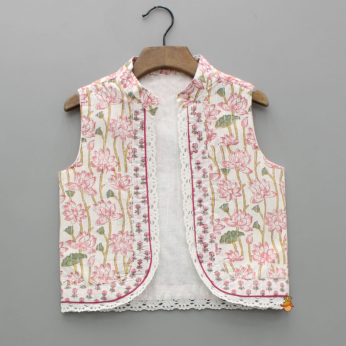 Lurex Striped Hand Block Printed Pink Ethnic Kurta With Open Jacket And Dhoti