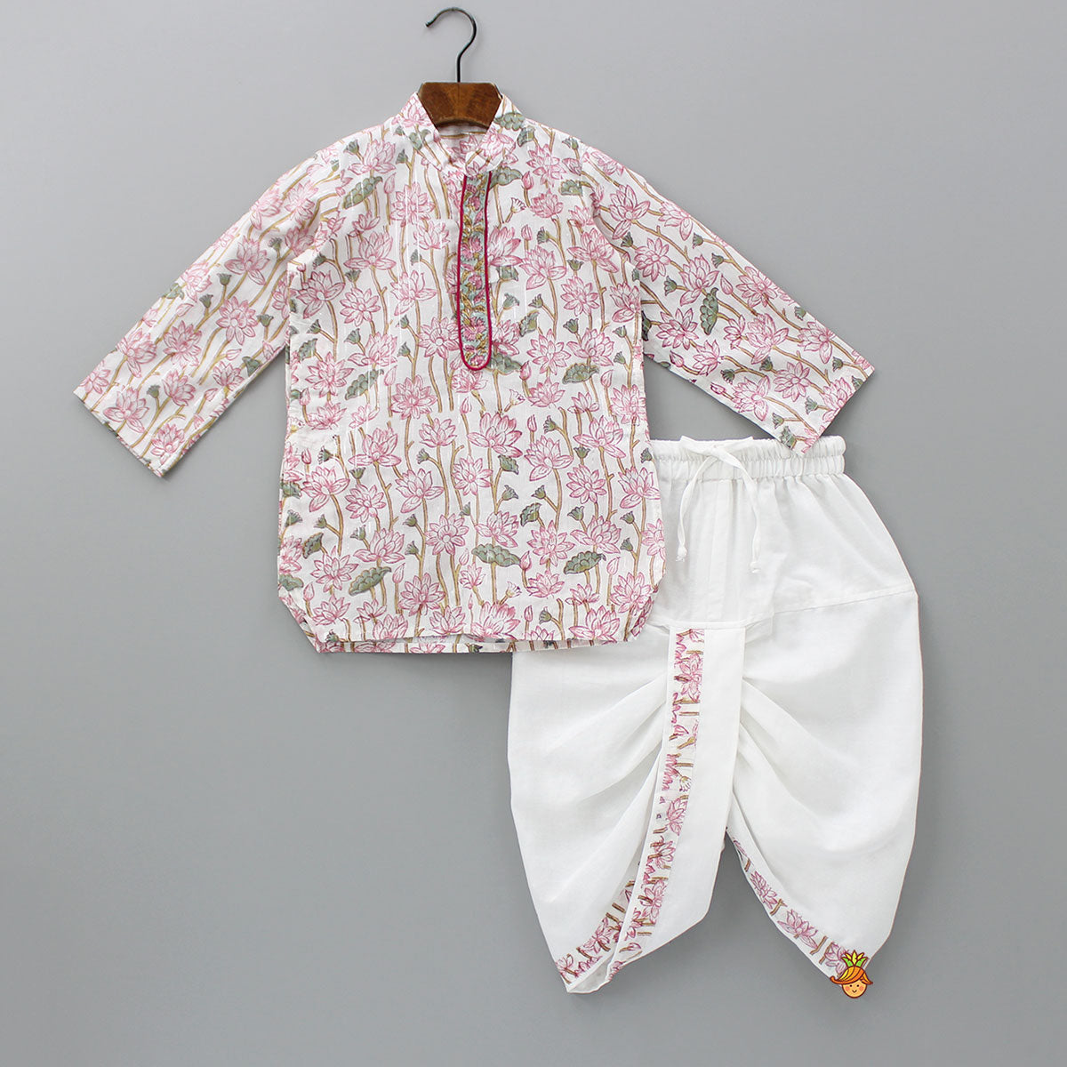 Lurex Striped Hand Block Floral Printed Stylish Pink Kurta And Dhoti