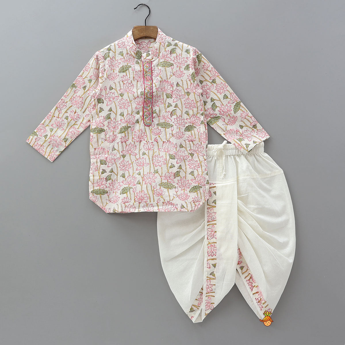 Lurex Striped Hand Block Floral Printed Stylish Pink Kurta And Dhoti