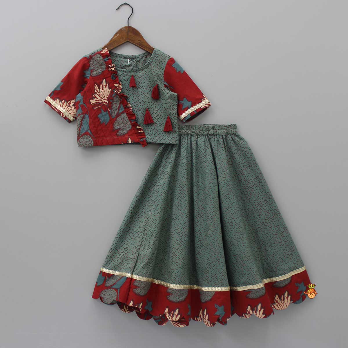 Pre Order: Fringes Enhanced Sage Green Top And Dots Printed Scalloped Lehenga