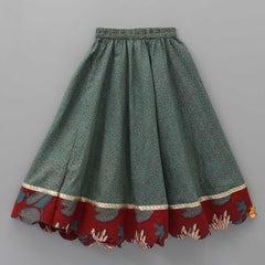 Pre Order: Fringes Enhanced Sage Green Top And Dots Printed Scalloped Lehenga