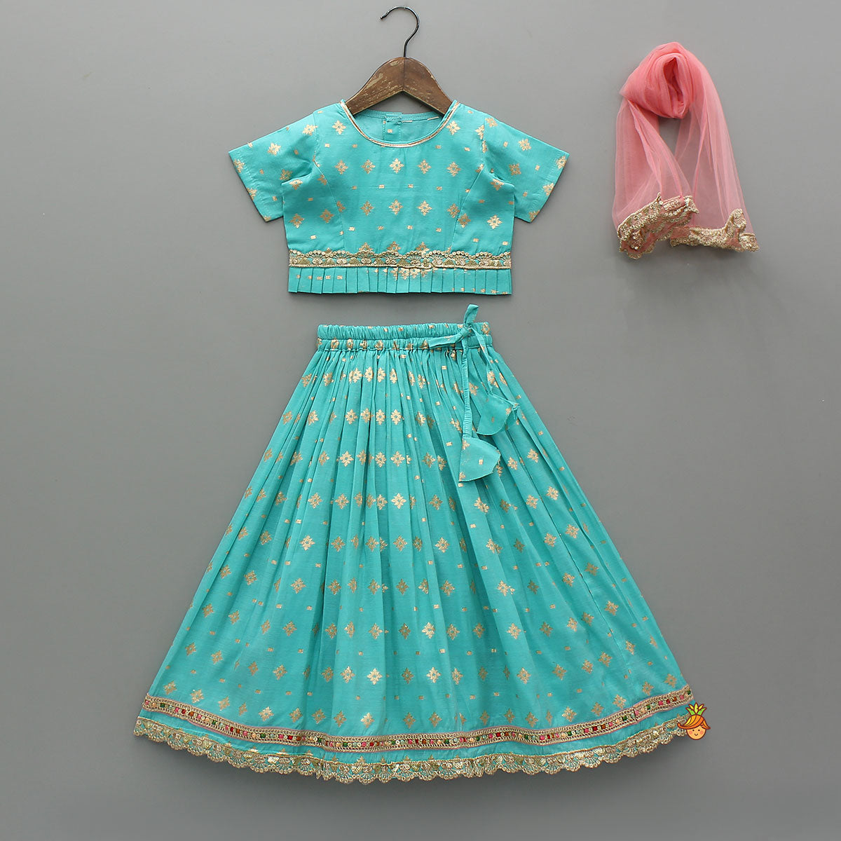 Chanderi Embroidered Teal Green Top And Lehenga With Contrasting Dupatta