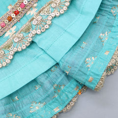 Pre Order: Chanderi Embroidered Teal Green Top And Lehenga With Contrasting Dupatta