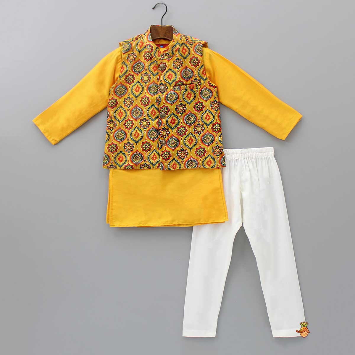 Mustard Ethnic Kurta With Ajrak Printed Jacket And Pyjama