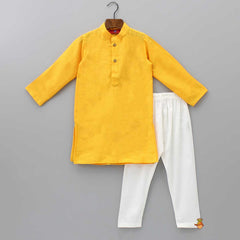 Pre Order: Mustard Ethnic Kurta With Ajrak Printed Jacket And Pyjama