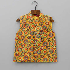 Pre Order: Mustard Ethnic Kurta With Ajrak Printed Jacket And Pyjama
