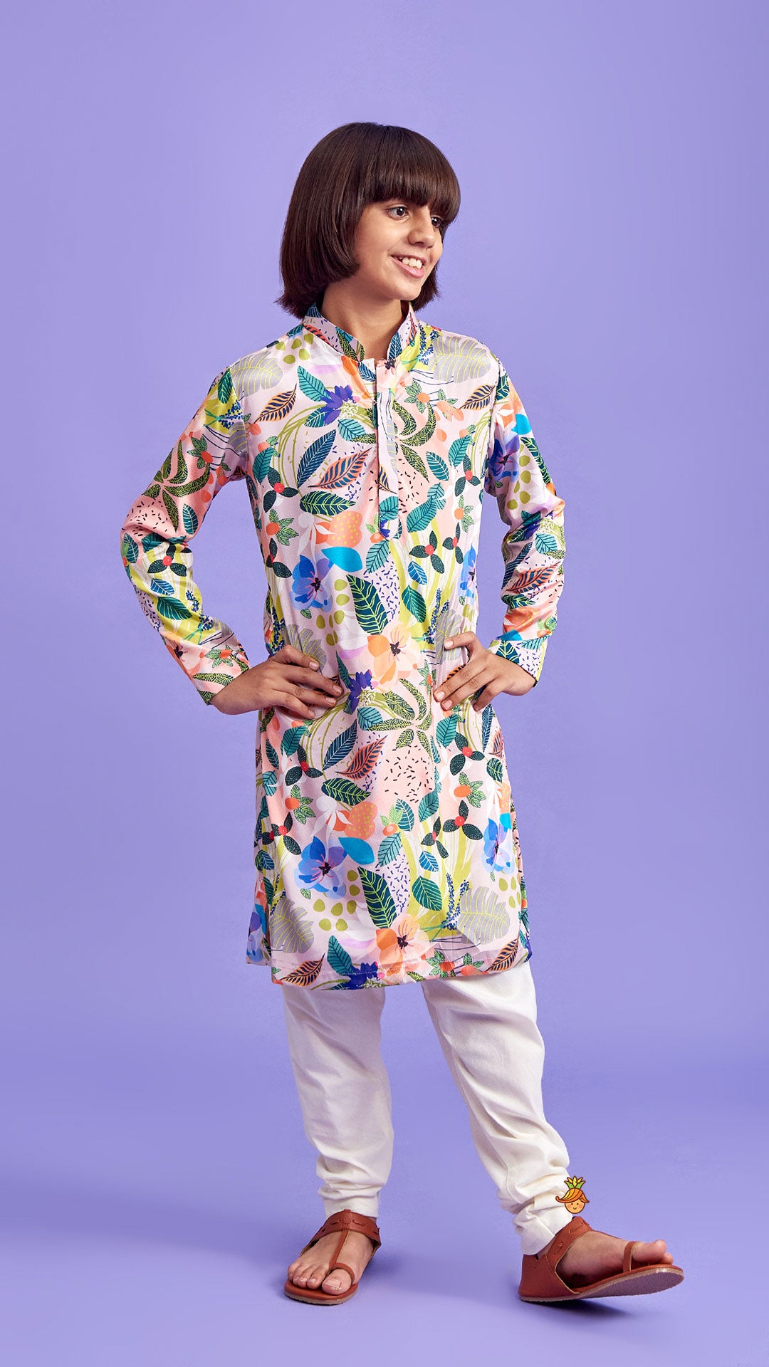 Multicolour Leaves Printed Ethnic Kurta And Churidar