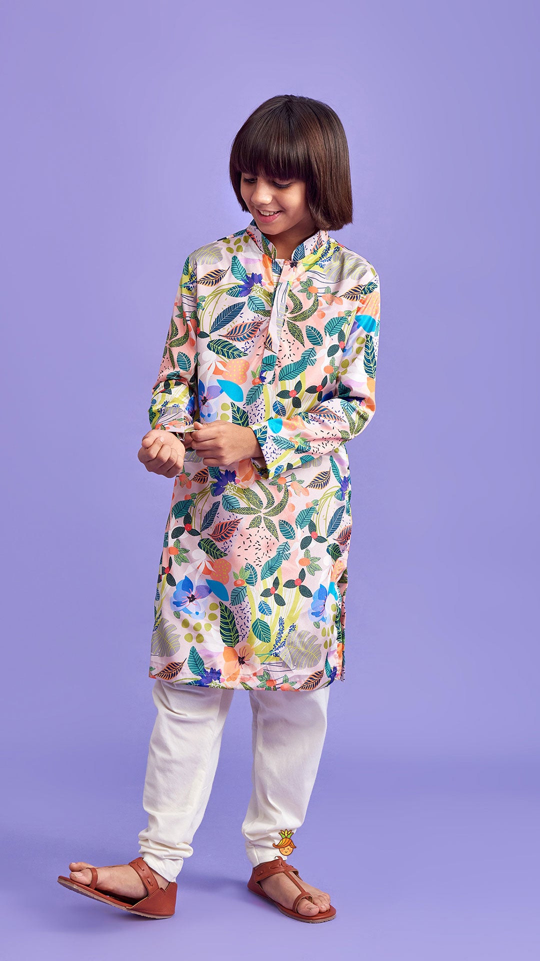 Multicolour Leaves Printed Ethnic Kurta And Churidar