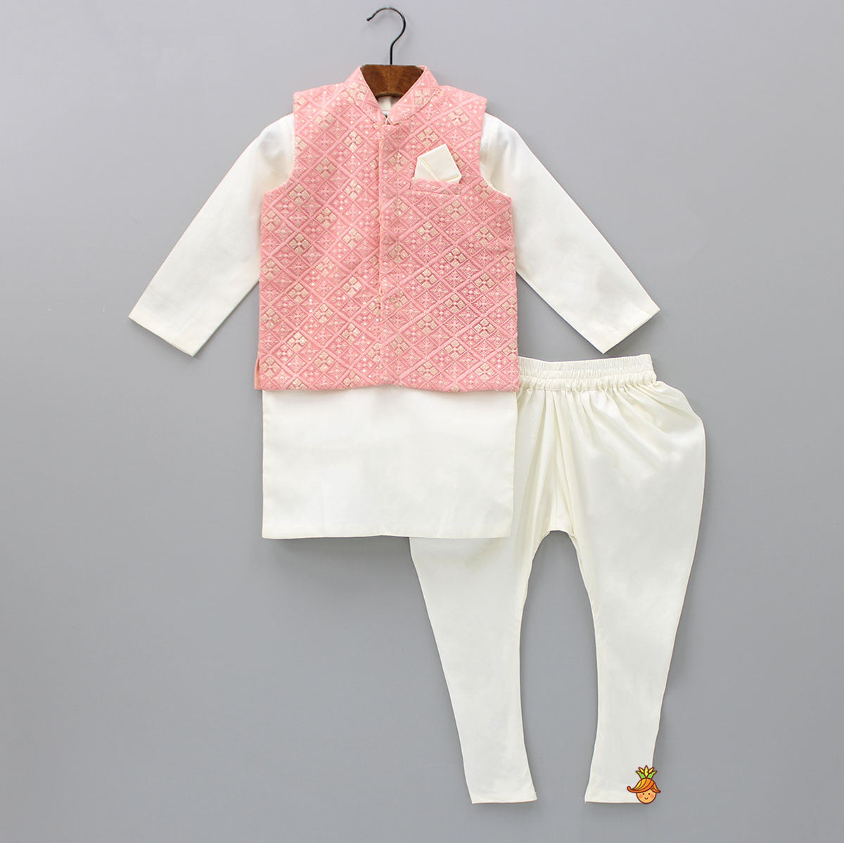 Pre Order: Thread And Sequins Embroidered Peach Ethnic Jacket With Off White Kurta And Churidar