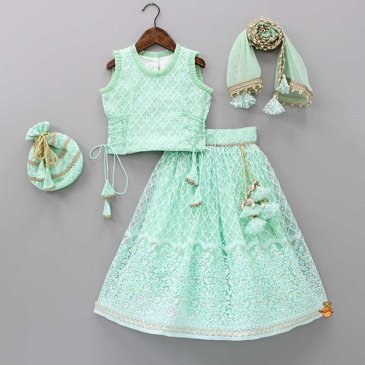 Pre Order: Sequins Thread Embroidered Mint Green Top And Lehenga With Net Dupatta And Potli Bag