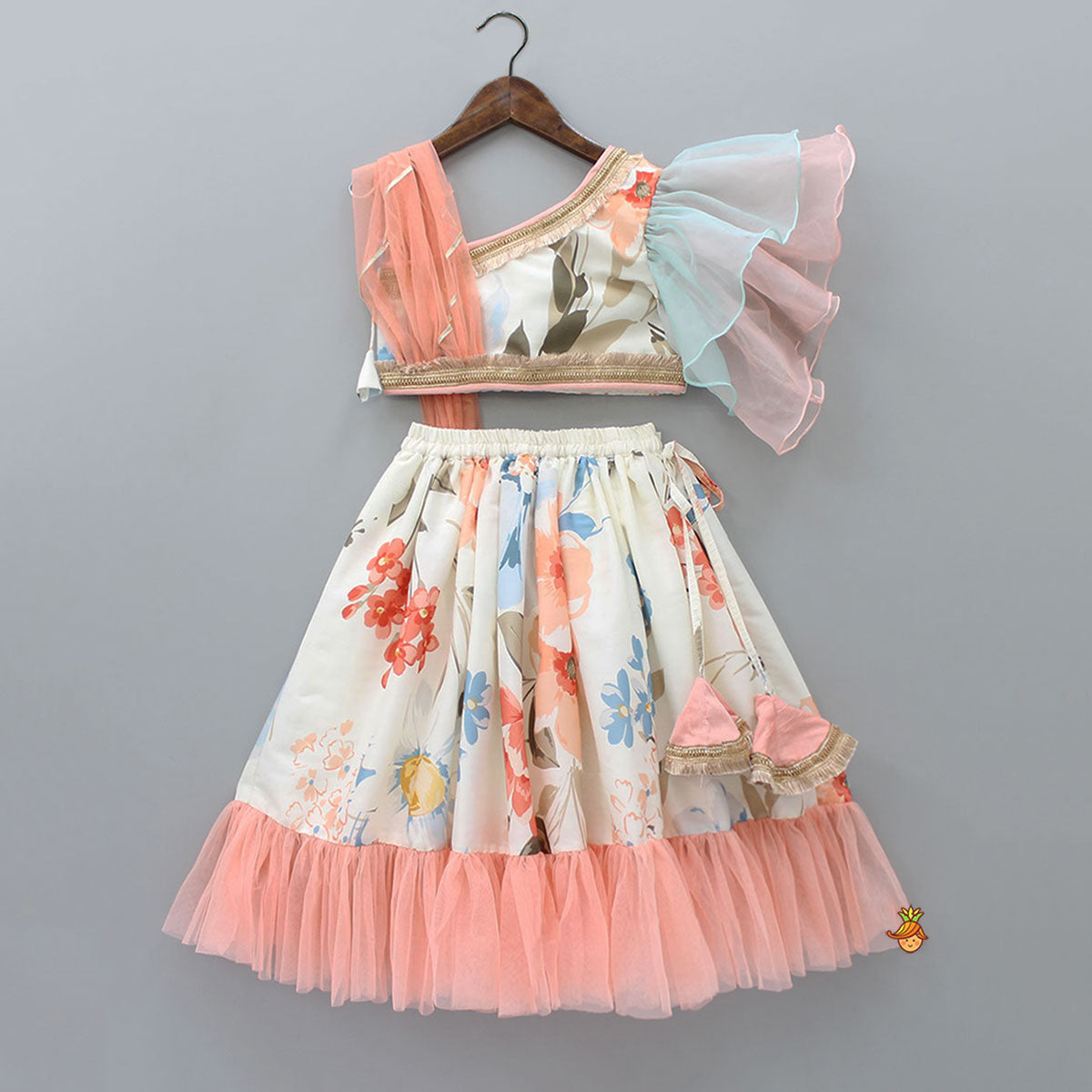 Floral Printed One Shoulder Top With Lehenga And Peach Dupatta