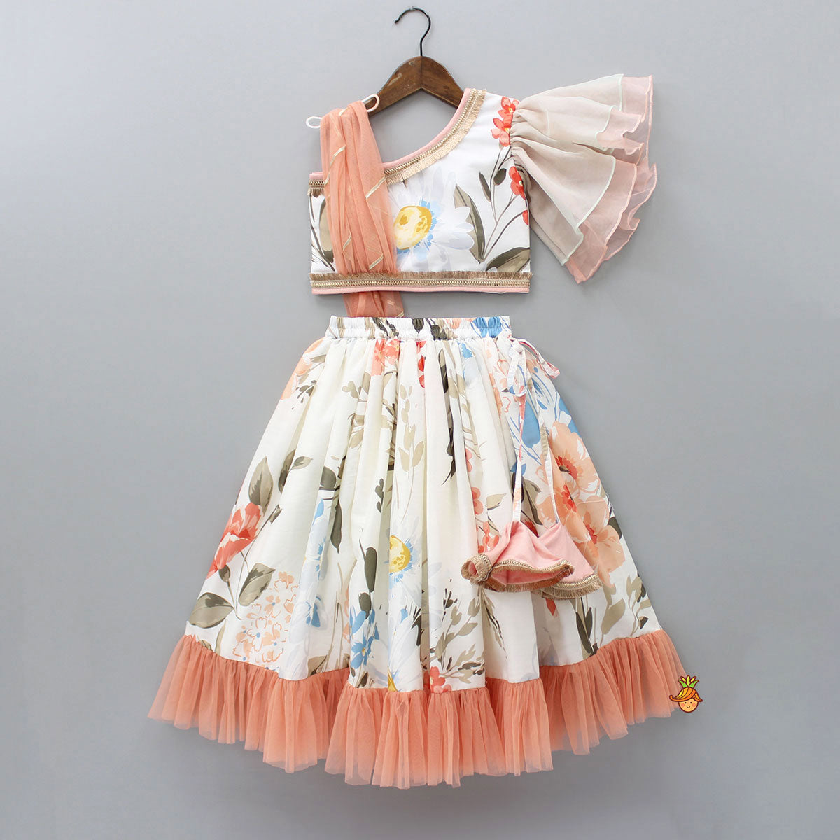 Floral Printed One Shoulder Top With Lehenga And Peach Dupatta