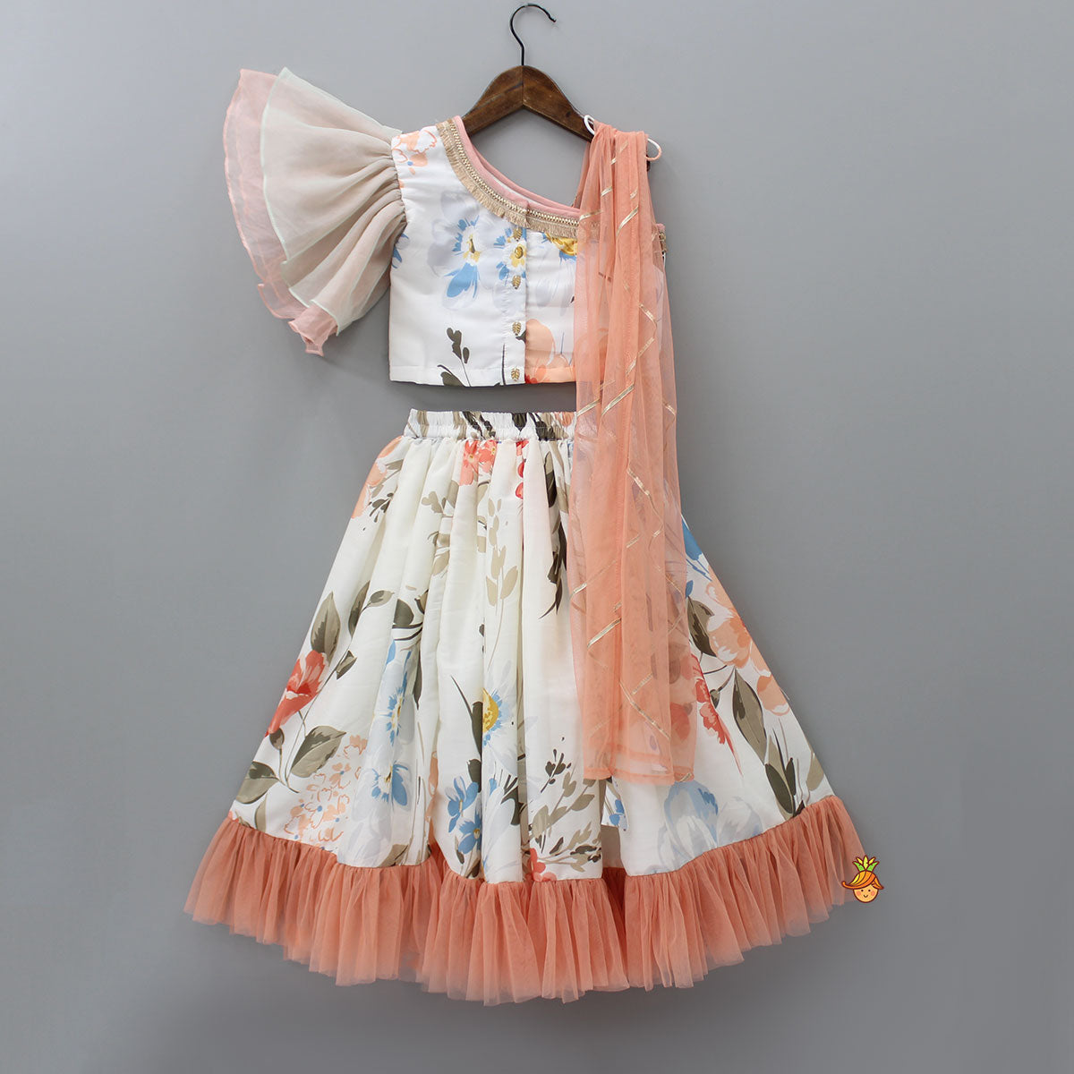 Floral Printed One Shoulder Top With Lehenga And Peach Dupatta