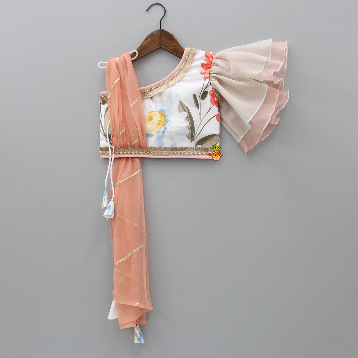 Floral Printed One Shoulder Top With Lehenga And Peach Dupatta