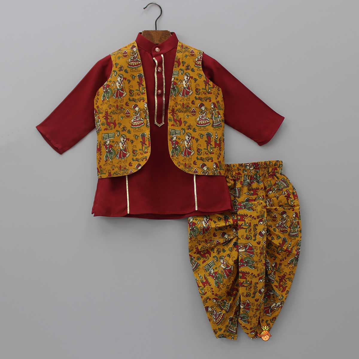 Gota Lace Detailed Maroon Kurta With Printed Open Jacket And Dhoti
