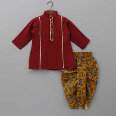 Gota Lace Detailed Maroon Kurta With Printed Open Jacket And Dhoti