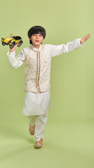 Pre Order: Stylish Pearls And Sequins Embellished Cream Jacket With Kurta And Pyjama