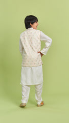 Pre Order: Stylish Pearls And Sequins Embellished Cream Jacket With Kurta And Pyjama