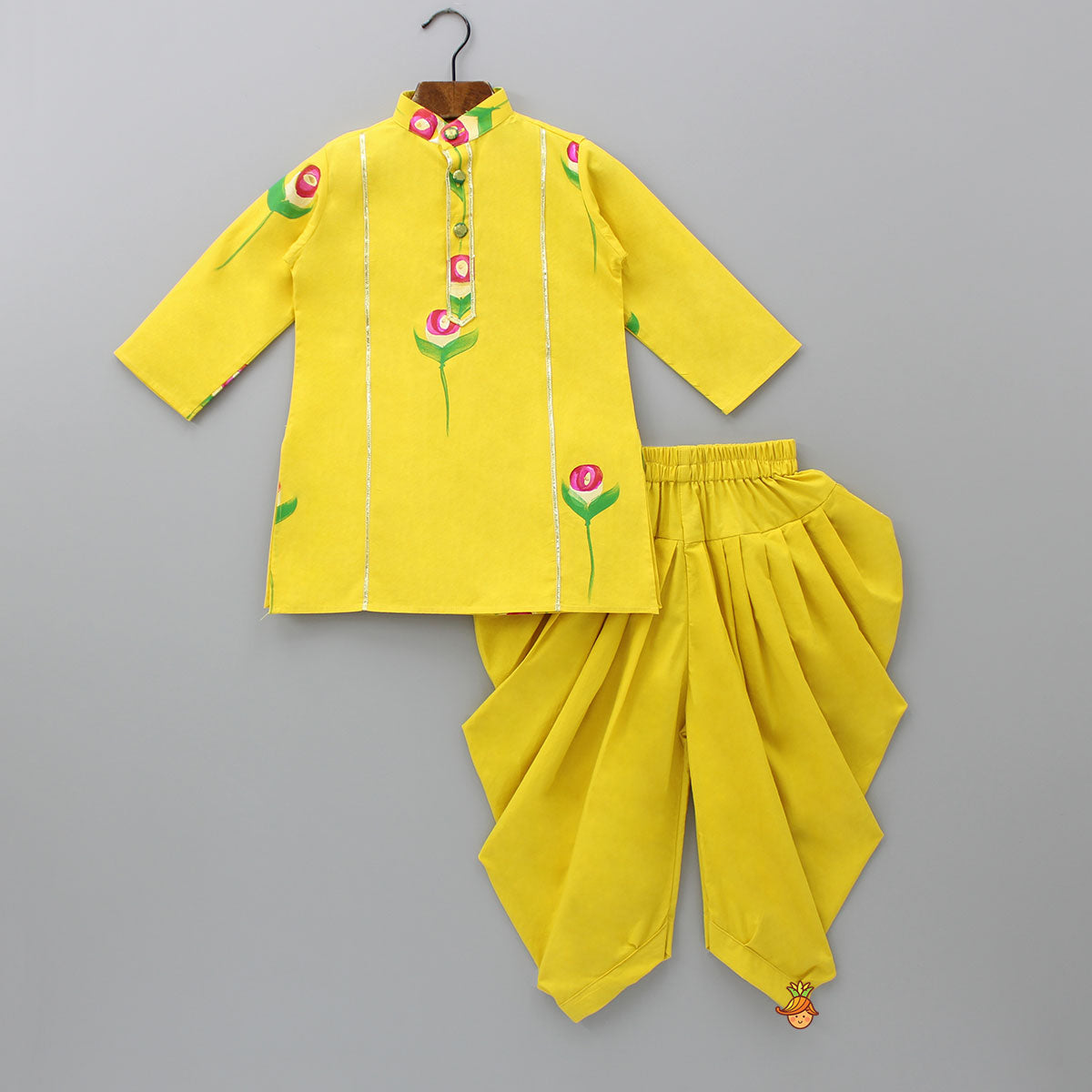 Flower And Leaf Printed Mustard Yellow Kurta And Dhoti