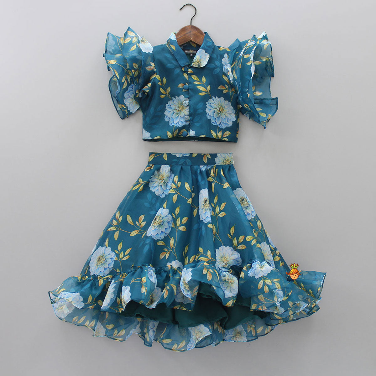 Teal Blue Floral Printed Top and High Low Lehenga