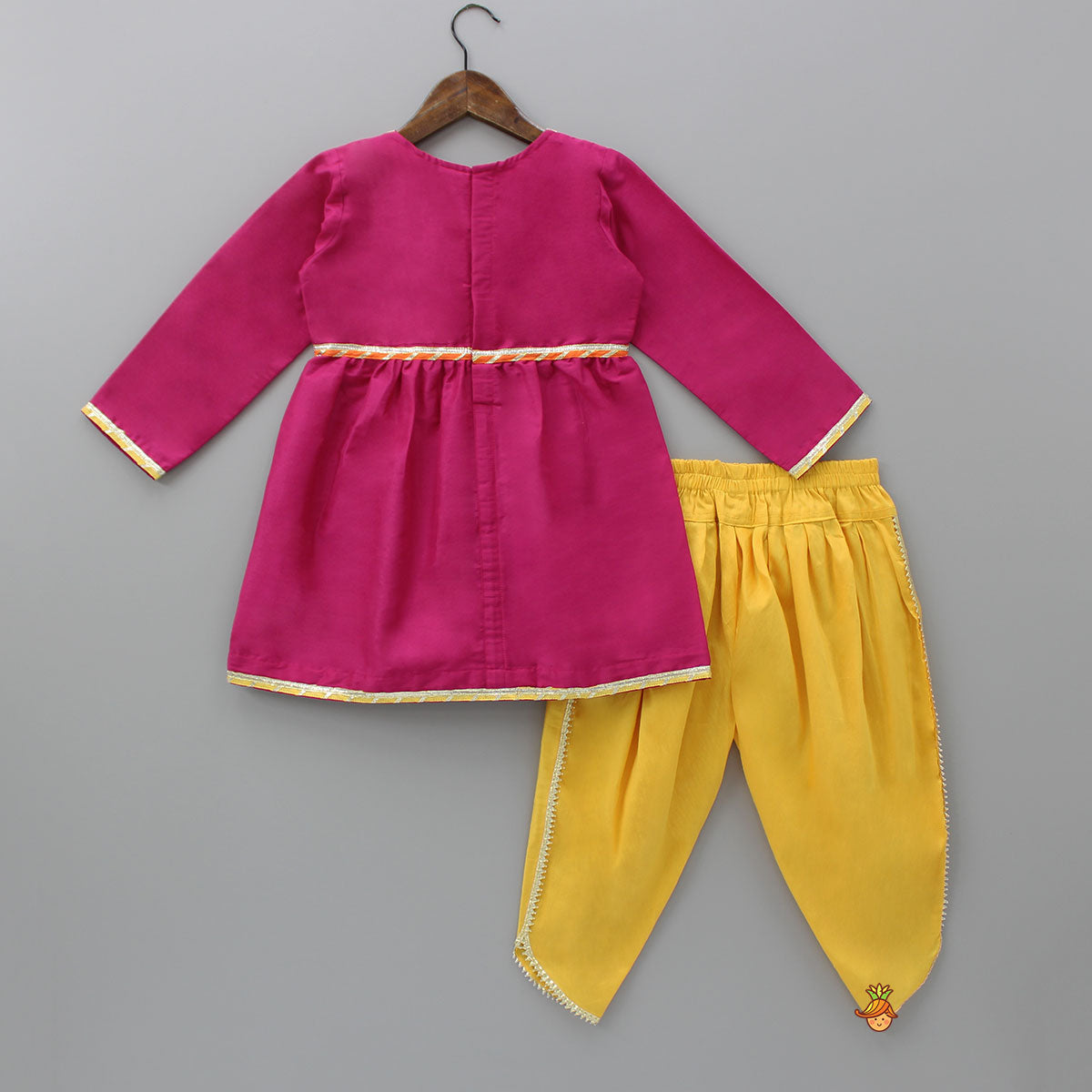 Thread Embroidered Fuchsia Pink Top And Yellow Gota Lace Work Dhoti