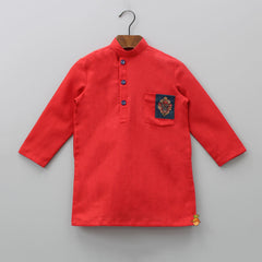 Pre Order: Navy Blue Printed Jacket With Red Kurta And Churidar