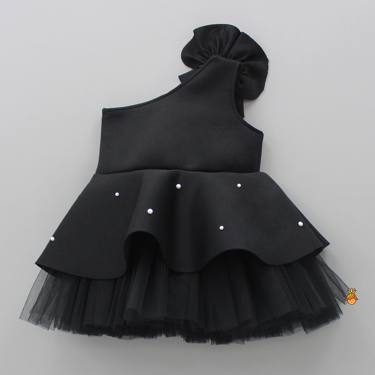 Exquisite Pearls And Rose Embellished Frilly Black Scuba Dress