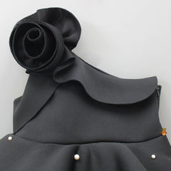 Pre Order: Exquisite Pearls And Rose Embellished Frilly Black Scuba Dress