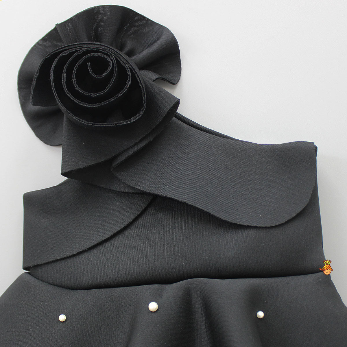 Exquisite Pearls And Rose Embellished Frilly Black Scuba Dress