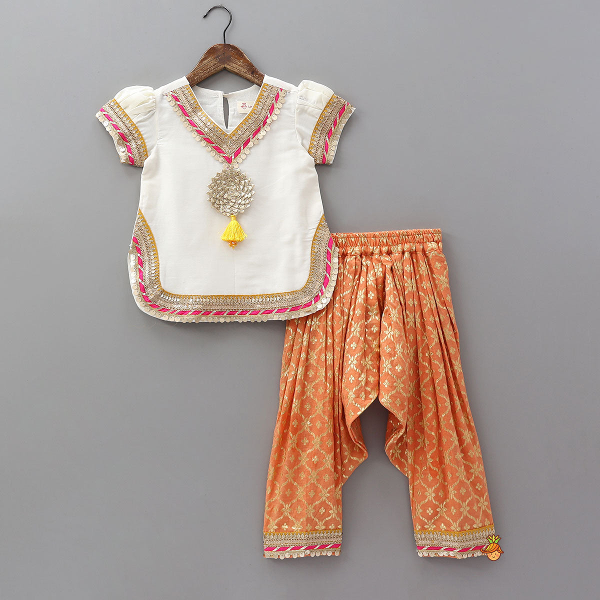 Gota Work Off White Top And Chanderi Embroidered Orange Patiala With Fringes Detailed Dupatta