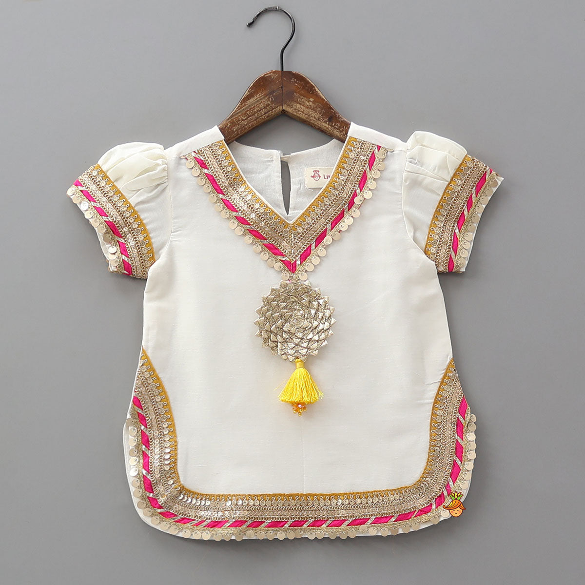 Gota Work Off White Top And Chanderi Embroidered Orange Patiala With Fringes Detailed Dupatta