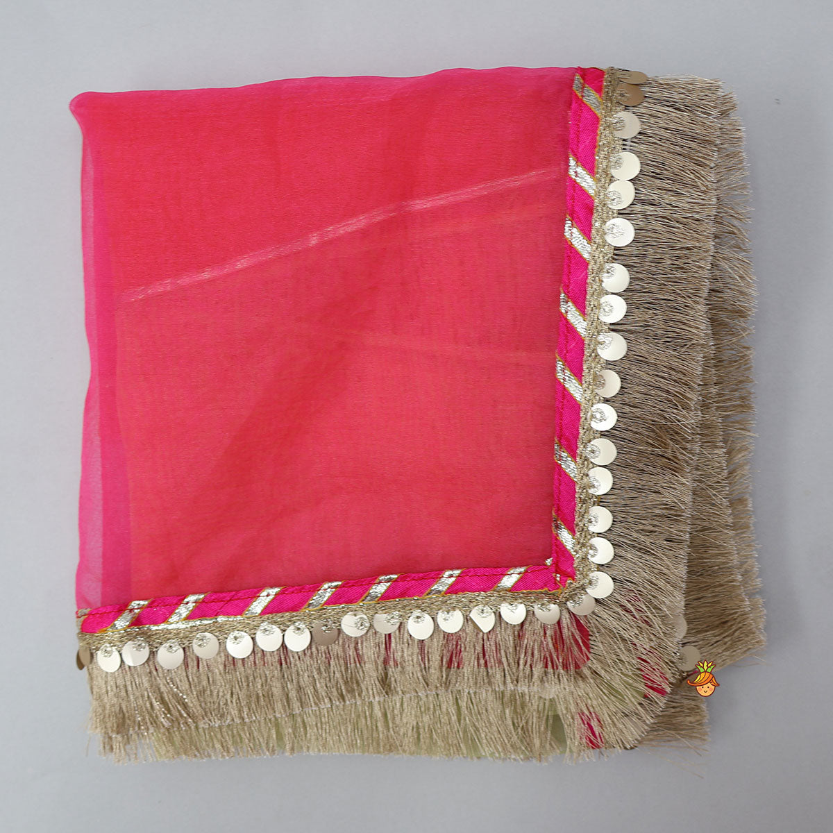 Gota Work Off White Top And Chanderi Embroidered Orange Patiala With Fringes Detailed Dupatta