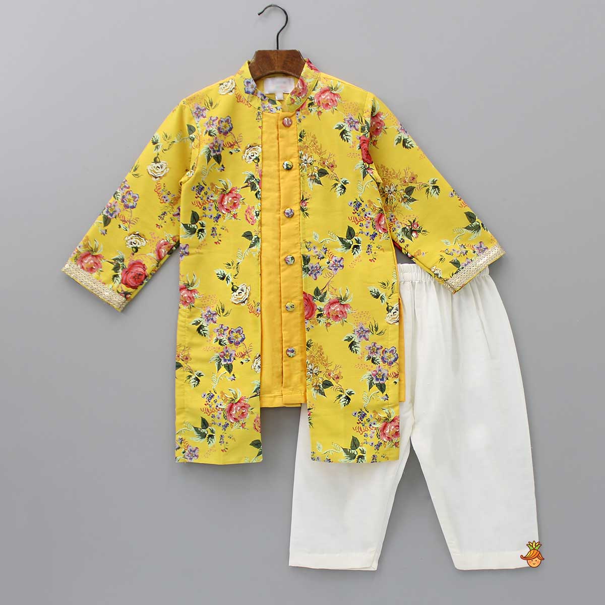 Front Open Adorable Floral Printed Yellow Kurta And Pyjama