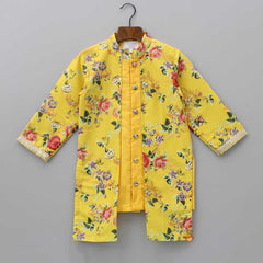 Pre Order: Front Open Adorable Floral Printed Yellow Kurta And Pyjama
