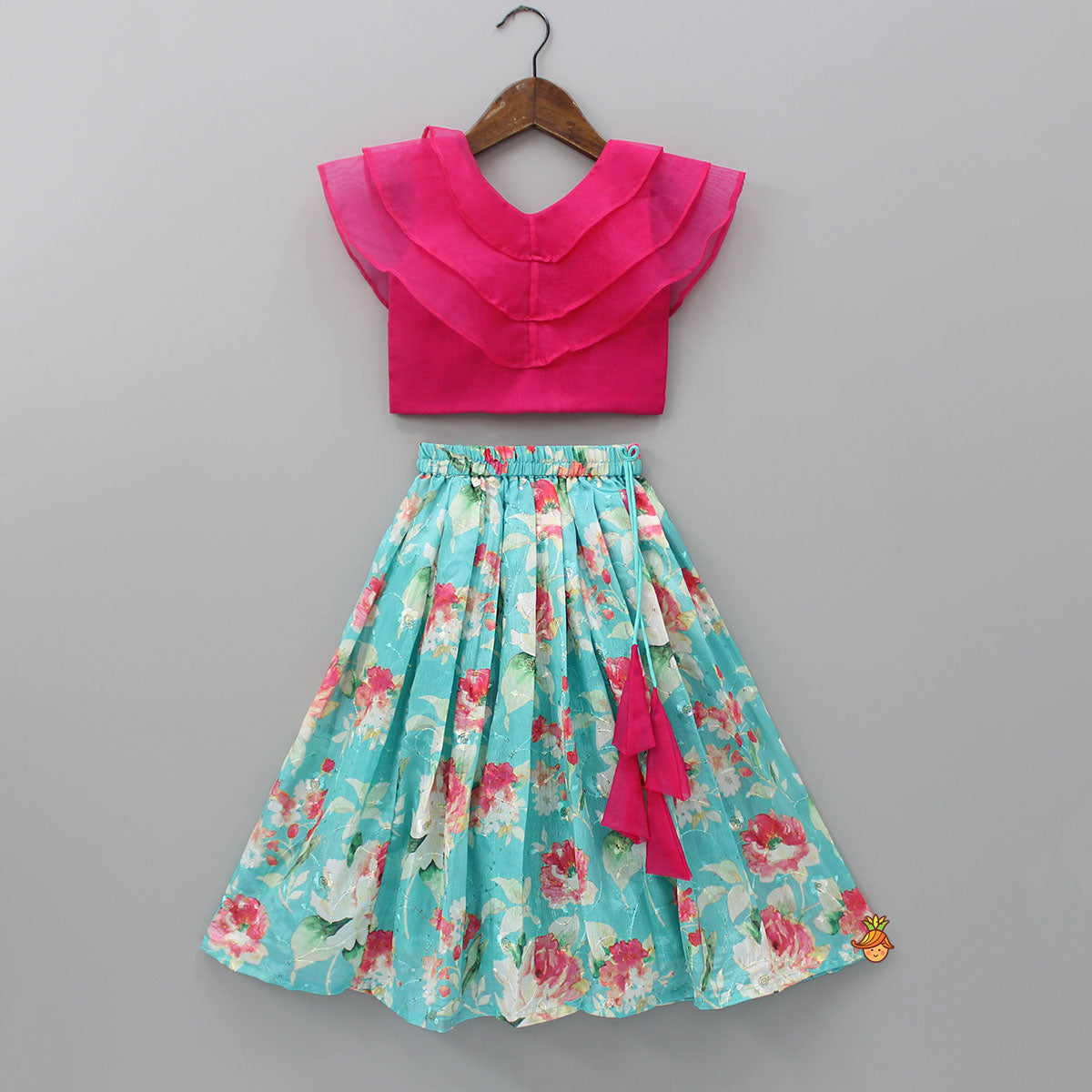 Triple Organza Layered Fuchsia Pink Flap Top And Floral Embroidered Aqua Blue Lehenga