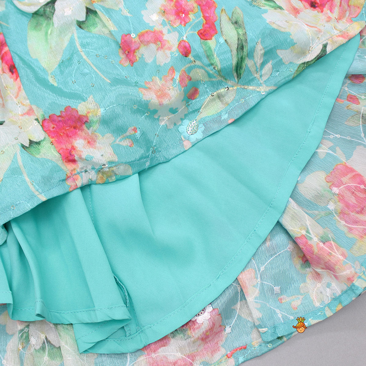 Triple Organza Layered Fuchsia Pink Flap Top And Floral Embroidered Aqua Blue Lehenga