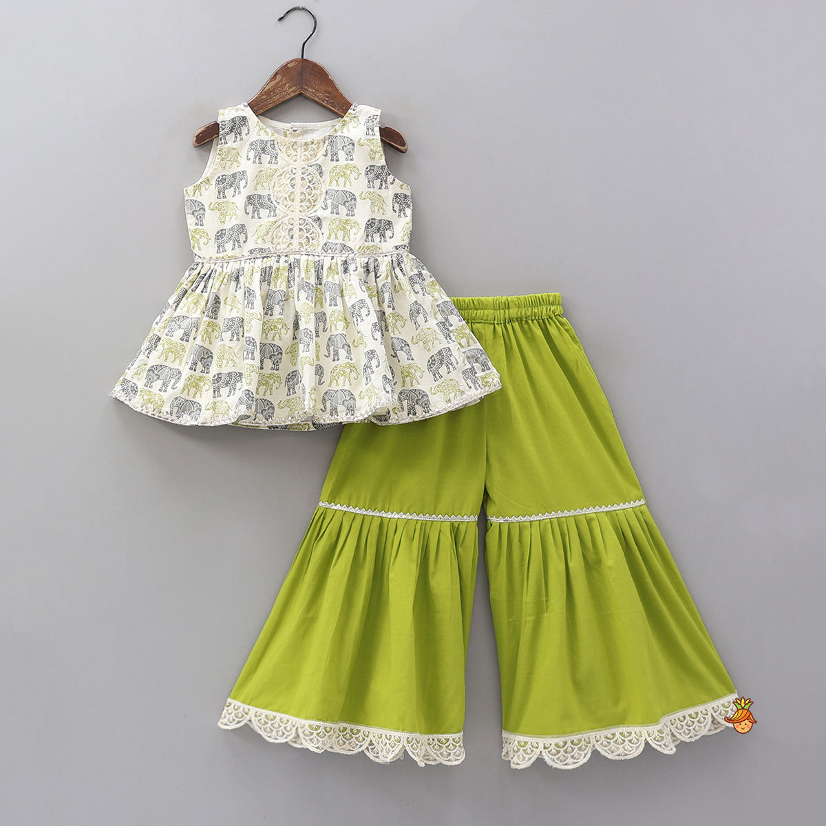 Elephant Hand Block Printed Kurti And Scalloped Lace Work Sharara