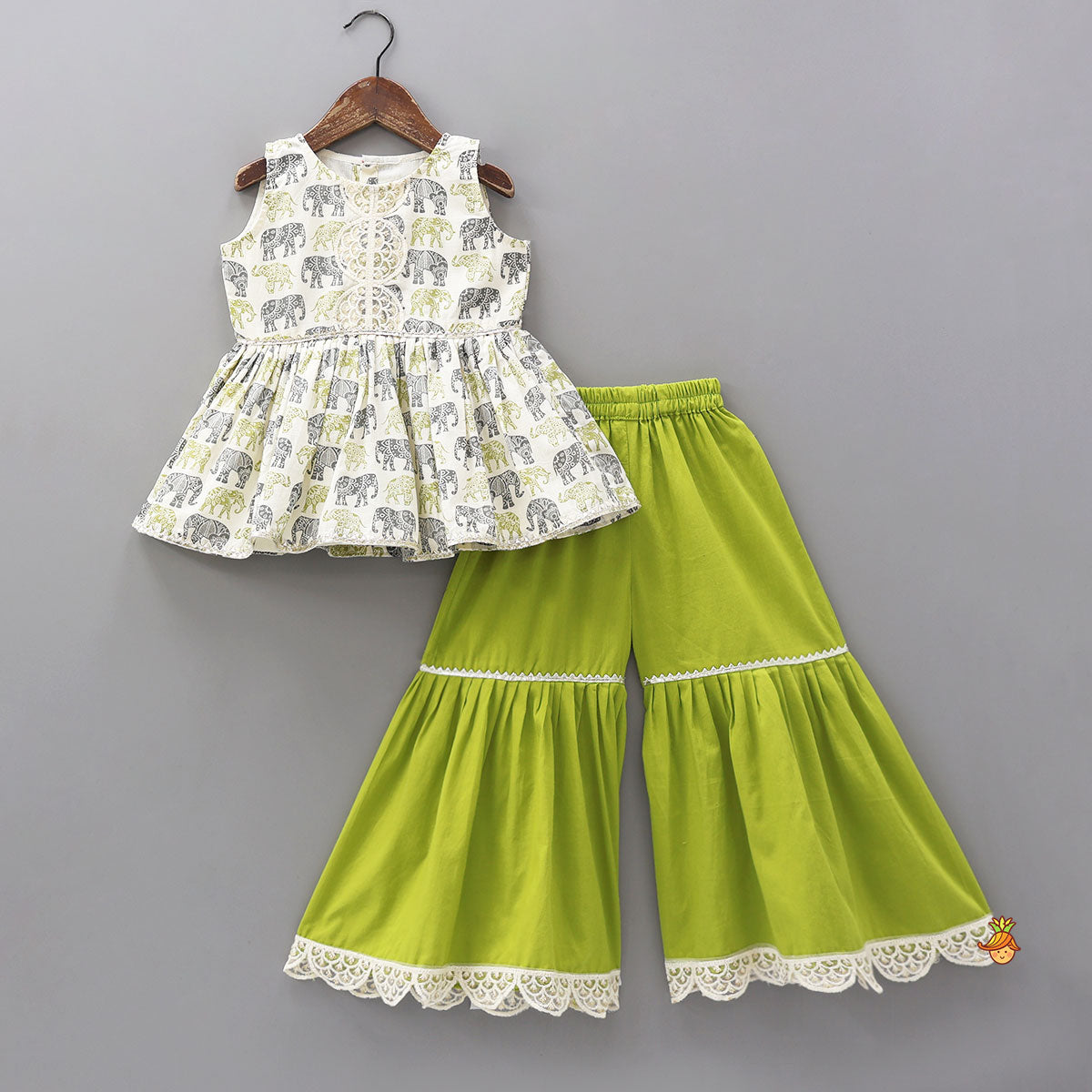 Elephant Hand Block Printed Kurti And Scalloped Lace Work Sharara