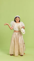 Pre Order: Organza Off White Frilly Top And Chanderi Embroidered Lehenga