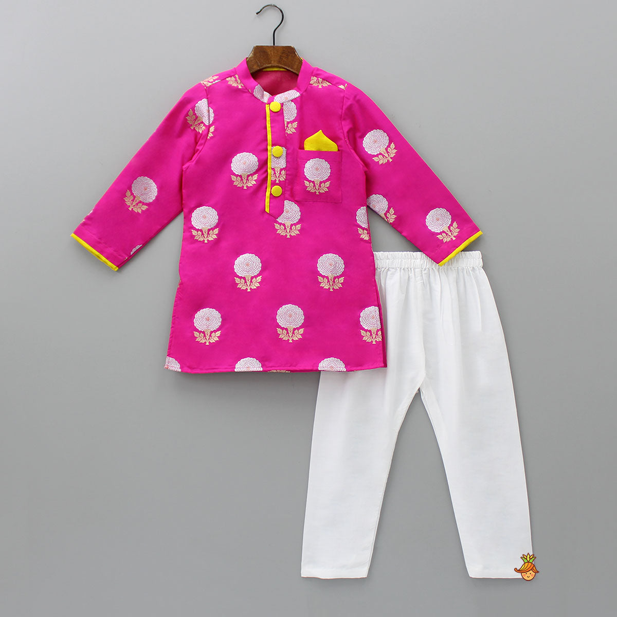 Pre Order: Hot Pink Floral Brocade Kurta With Pyjama
