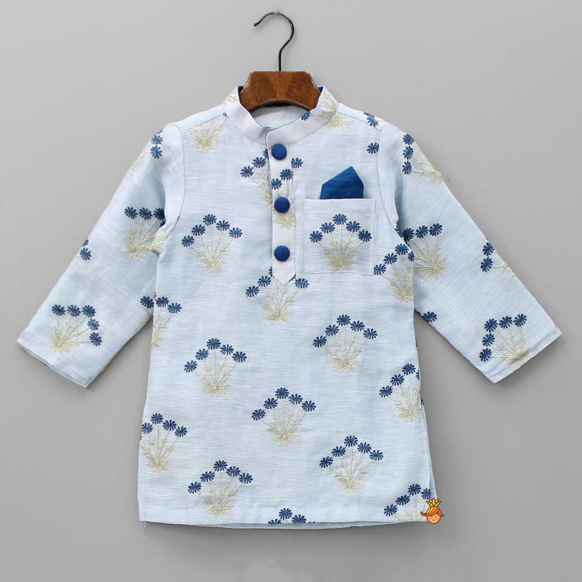 White Zari Embroidered Kurta And Navy Blue Pyjama