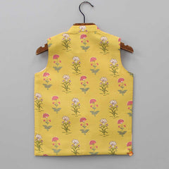 Pre Order: Front Open Floral Printed Mustard Sleeveless Jacket