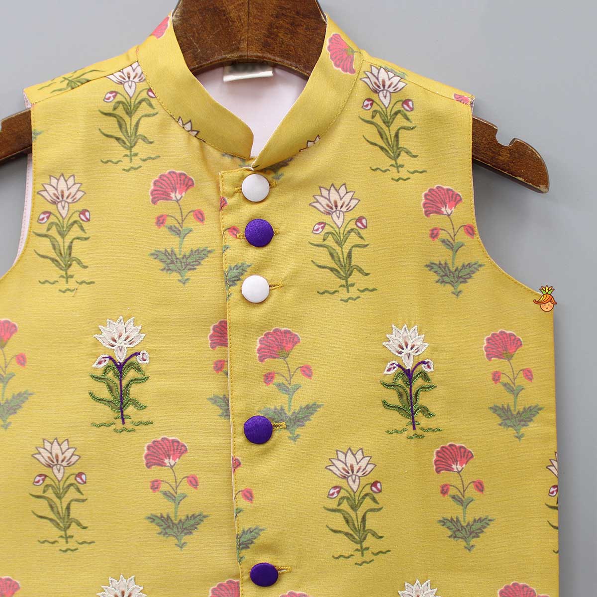 Front Open Floral Printed Mustard Sleeveless Jacket