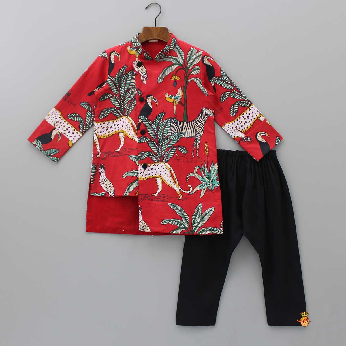 Crimson Red Jungle Theme Printed Asymmetric Kurta And Black Pyjama