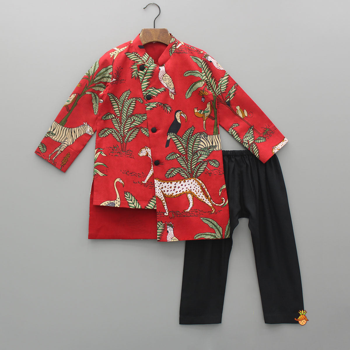 Crimson Red Jungle Theme Printed Asymmetric Kurta And Black Pyjama