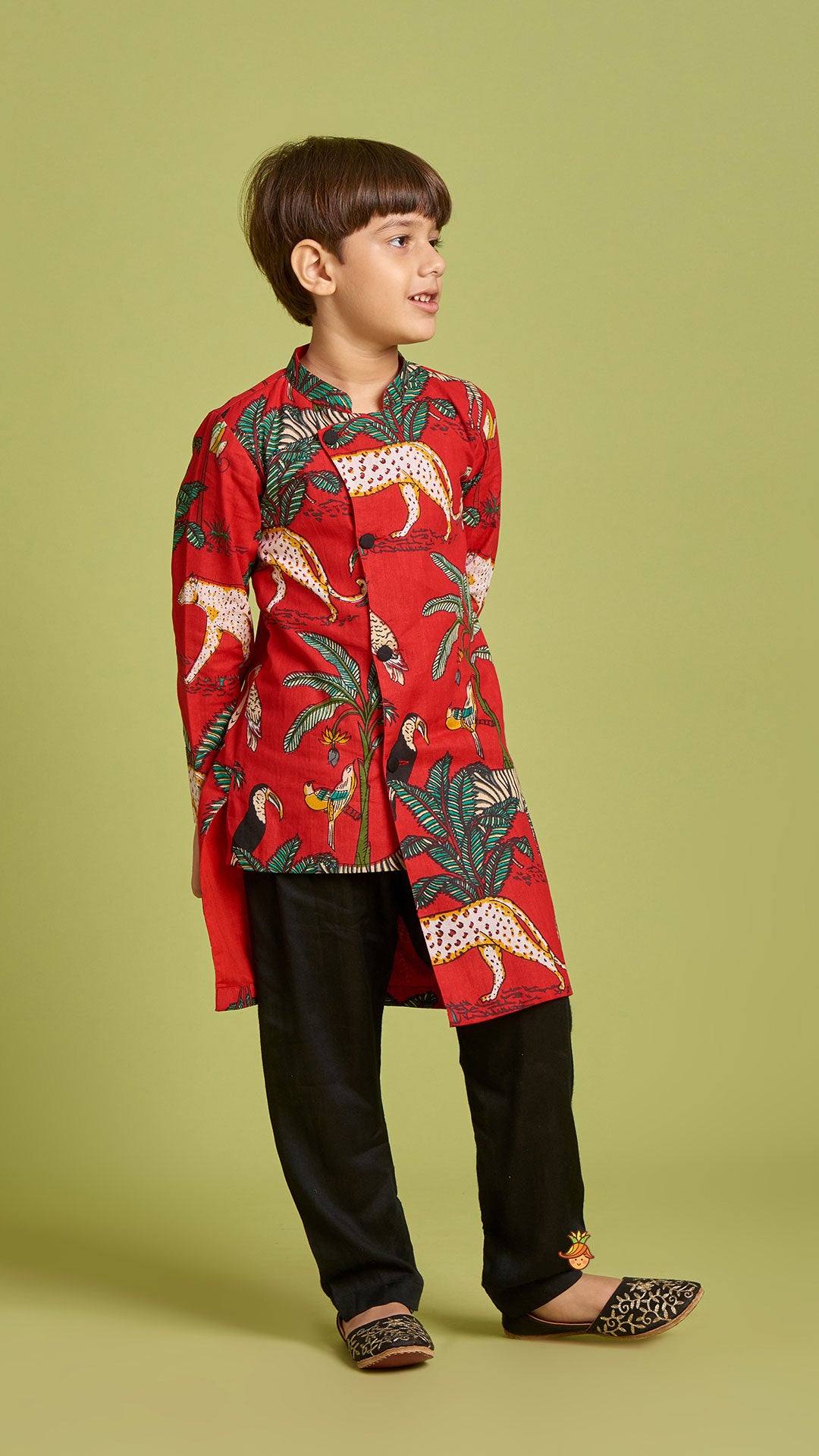 Crimson Red Jungle Theme Printed Asymmetric Kurta And Black Pyjama