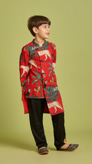 Pre Order: Crimson Red Jungle Theme Printed Asymmetric Kurta And Black Pyjama