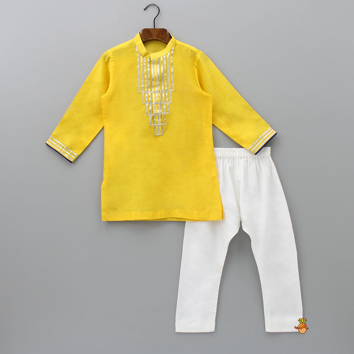 Yellow Mandarin Collar Kurta And Off White Pyjama
