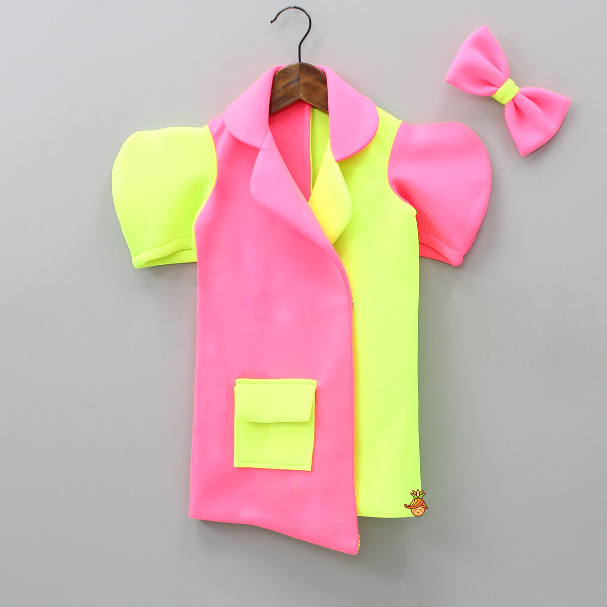 Pre Order: Dual Tone Neon Pink And Neon Green Coat Style Knee Length Dress with Matching Hair Clip